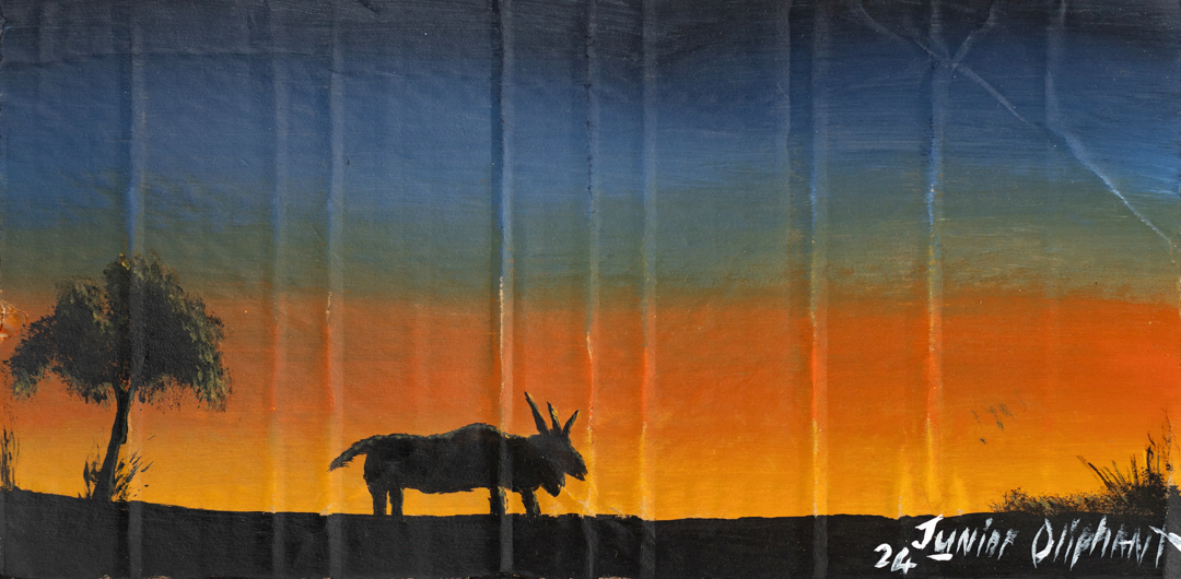 Painting of a landscape with a tree and an eland during a sunrise.