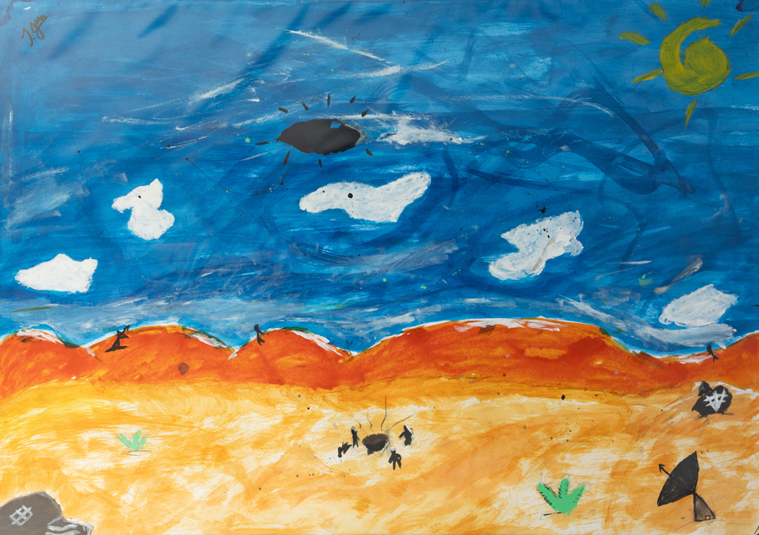 Painting of a landscape in the Karoo with clear blue skies.