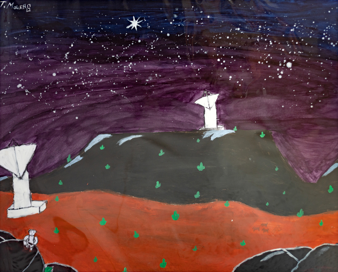 Painting of telescopes under a starry sky