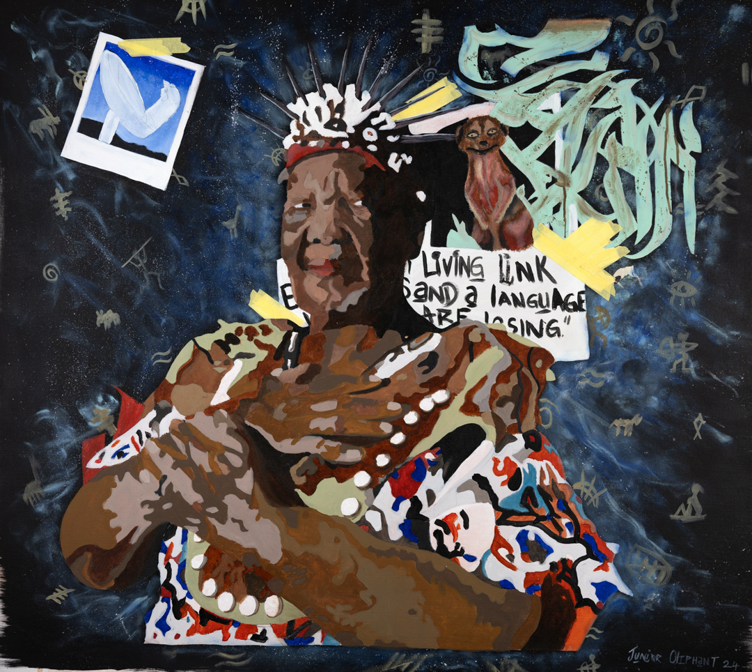 Portrait painting of Dr Katrina Esau surrounded by a polaroid image of a telescope dish, a meerkat and a partial inscription: “living link... and a language... are losing"