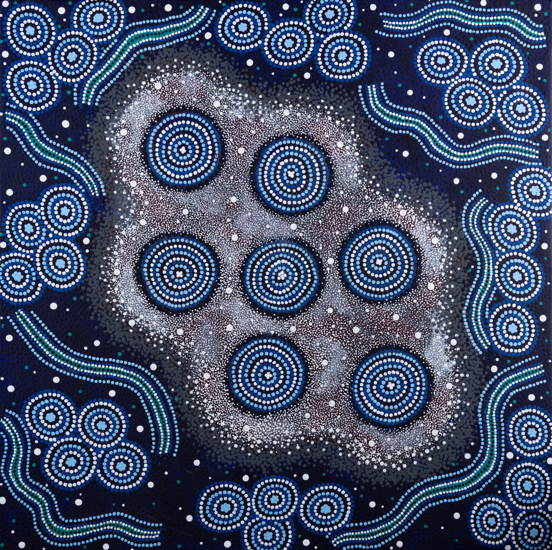 Painting of the seven sisters represented by concentric circles veiled in a white cloud.
