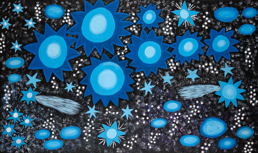 Painting of the seven sisters surrounded by many more stars.