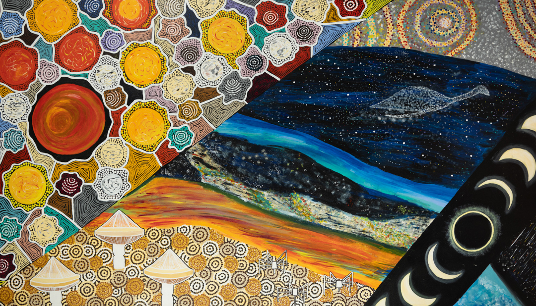 Painting with various astronomical elements such as telescope dishes and antennas, the Emu in the Sky and a solar eclipse in its different phases.
