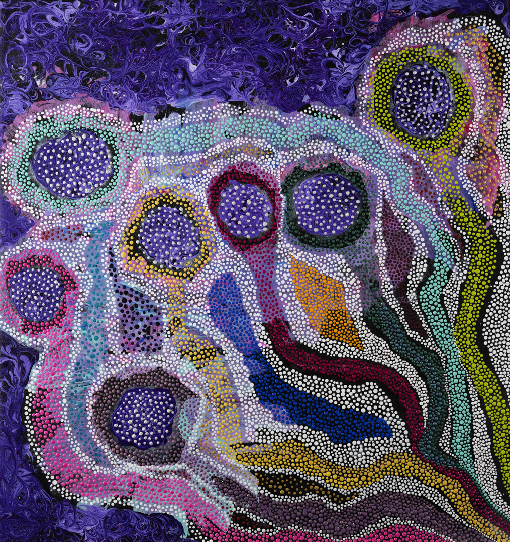 Painting of seven circles filled with white, blue and purple dots. Each circle is surrounded by a colourful border which looks like a hood transitioning into a long neck. Together they look like seven sisters.