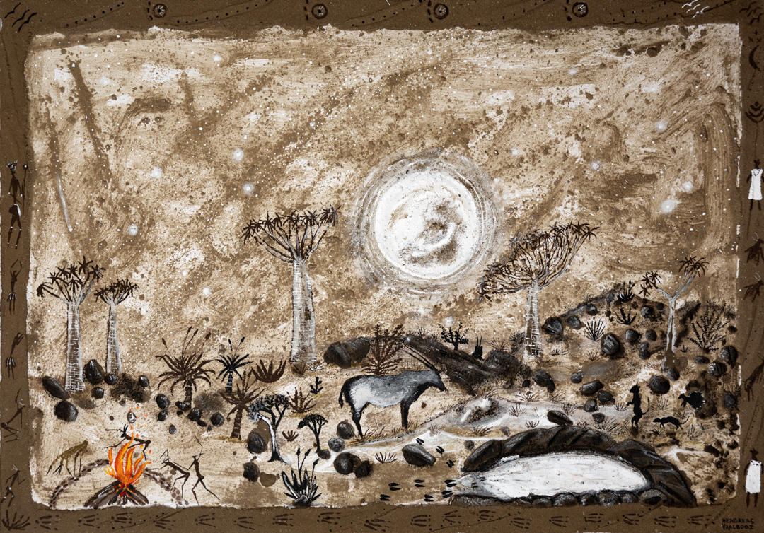 Composition of a landscape in the Karoo. From left to right there is a campfire, bushes, an eland and pond. Above these elements there are quiver trees and the moon against a brown background.