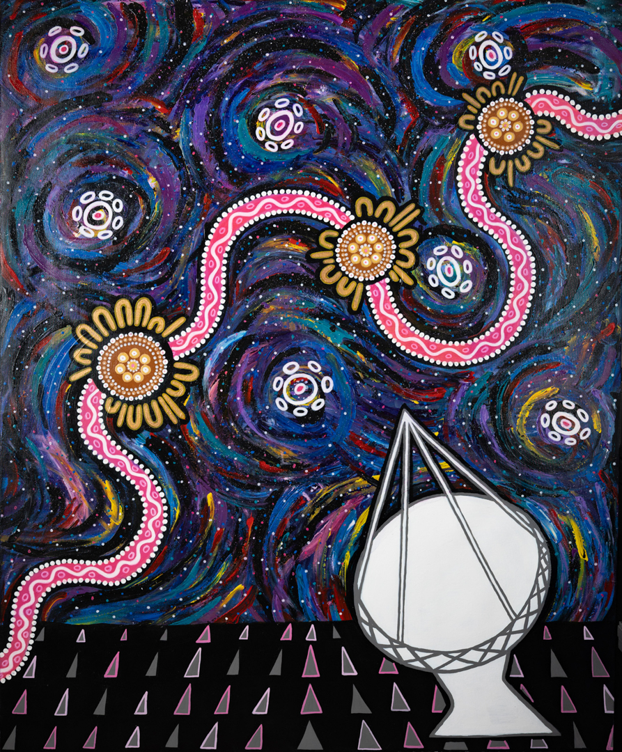 Painting of a telescope in the bottom right looking up to the sky. From bottom left to top right crawls a pink band like a snake with three flower-like patterns on top of it. The sky has circular patterns with different colours. Next to the white telescope dish are a lot of small triangles all pointed upwards to the sky.