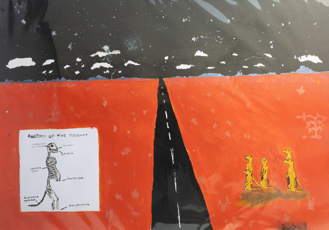 A road going into the distance. An anatomical drawing of a meerkat stands on the left and three meerkats on the right of the road.