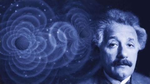 A blue tinted image of Albert Einstein on the right, with shapes depicting gravitational fields/waves surrounding a spherical object on the left