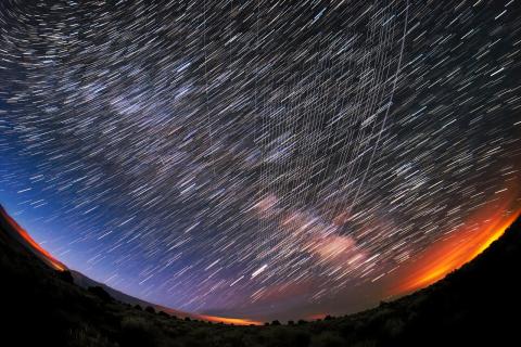 Starlink Satellites pass overhead near Carson National Forest, New Mexico, photographed soon after launch