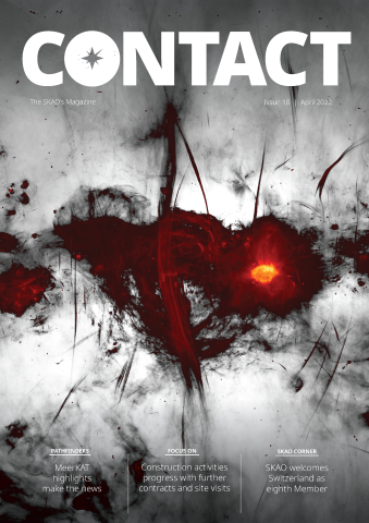 Cover for Contact issue 10 with a radio astronomy image showing the galactic centre in reds and oranges, and greyscale background