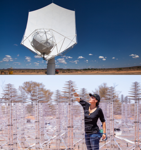 Collage showing the SKA-Mid dish prototype and the SKA-Low antenna station prototype, the latter with Dr Maria Grazia Labate assessing one of the antennas