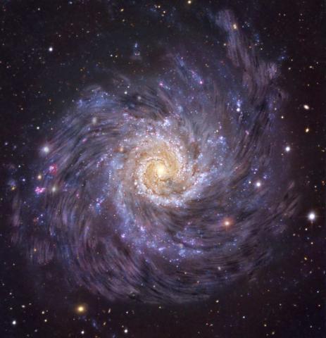 A spiral galaxy with the magnetic field lines superimposed on top