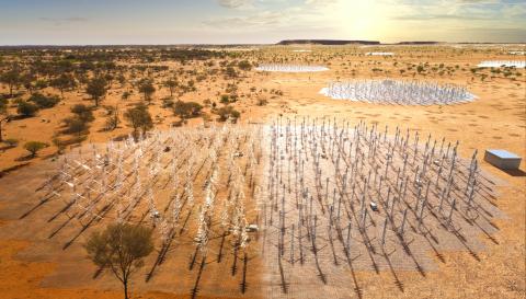 A composite image blending real SKA-Low prototype antennas on the left with an artist's impression of the array on the right