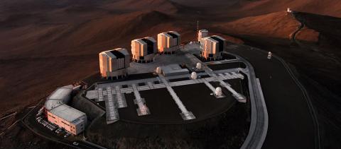 Aerial view of ESO's Paranal Observatory in Chile at sunset