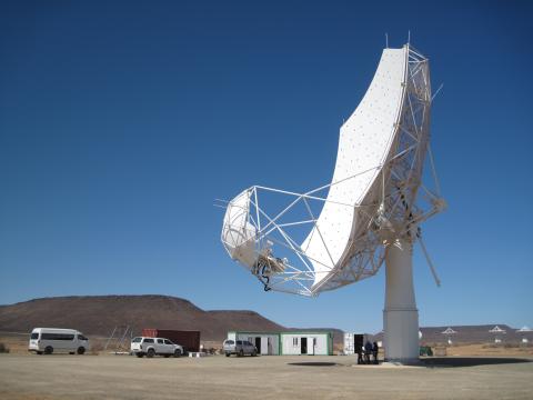 A prototype SKA-Mid dish on site in South Africa. SKA-Mid will comprise 197 dishes, including the existing 64-dish MeerKAT radio telescope array.