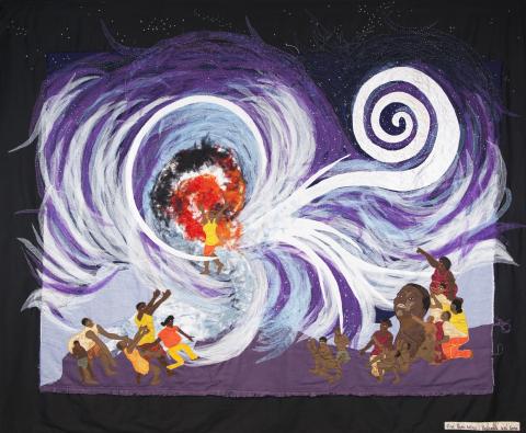 First People Artists' collaborative art quilt, created by Bethesda Arts Centre, South Africa, is part of SKAO's Shared Sky exhibition