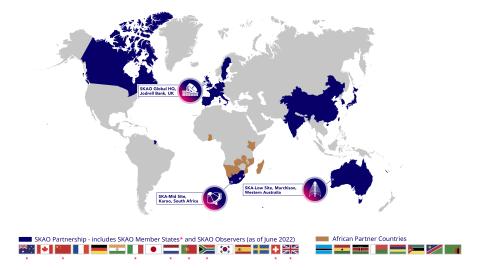 A map of the SKAO membership and partner countries as of 2022. 