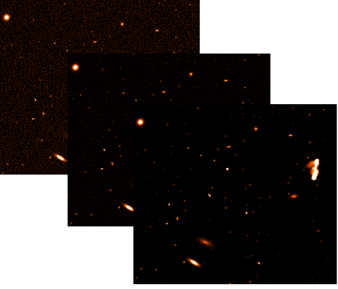 Zoom-in of the 1.4 GHz maps, showing the same region of the sky with different telescope integration: 8, 100, 1000 h left to right.