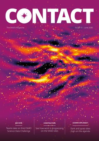 Cover of the 13th issue of the SKAO magazine, Contact, which features foreground emission from our own galaxy (a wavy pattern) and others galaxies (bright dots on the image) obscuring the faint signal from the Epoch of Reionisation
