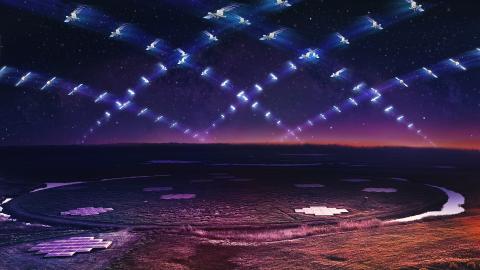 Artist impression of a large satellite constellation in low-Earth orbit circling above the LOFAR telescope. 