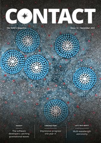 Front cover of Contact 14 magazine. It features a piece of Wajarri artwork depicting the Seven Sisters constellation
