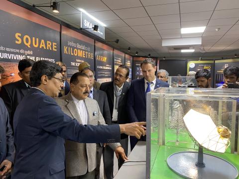 Officials at the Vigyan Samagan mega science exhibition in India, looking at models of the SKA telescopes