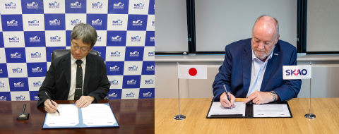 Two pictures side by side. The left one shows NAOJ Director-General Prof. Mamoru Doi signing a document. The right one shows SKAO Director-General Prof. Philip Diamond signing the document with a small Japanese and SKAO flag on the table.