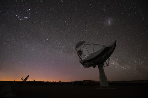 The Mllky Way above the SKA-Mid telescope dishes. 