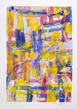 Painting with brush strokes in yellow, blue and lilac covering the paper. 