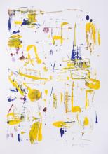 Painting with thin brush strokes in yellow and blue on paper. 