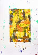 Painting of a rectangle in the middle filled with the colours yellow, orange and brown surrounded by specks of paint in different colours. 