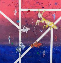 Painting showing thick white lines crossing a canvas which has a pink band on top, a purple band in the middle and a blue band on the bottom. On top of the lines sit different animal and human figurines. 