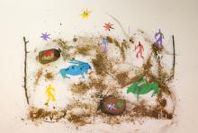 Composition of different elements: four people and two elands in a landscape made up of sand with stars overhead. 
