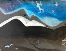 Painting of a mountainous landscape. The mountains tower high against a blue sky. An animal and man are on the field in front of the mountains. Stars and a figure with a bow are pictured in the sky. 