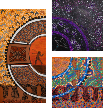 Painting spread over three canvases together showing a circle. The left canvas is rectangular and covers half a circle, within it is a man with a spear. The top right canvas has a quarter circle and a white drawing of a telescope within it. The bottom right canvas completes the circle. Footsteps walk across this painting upwards. 