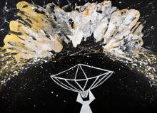 Painting of a telescope in white against a dark background. Above the satellites clouds of white and yellow seem to escape away from the telescope dish. The painting is speckled with white flecks. 