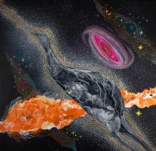 Emu in the Sky in grey and in front of an orange cloud stretching from left to right. Above the Emu floats a pink galaxy. 