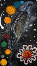 Painting of the Emu in the Sky in the centre with planets in different colours to the left and a flower to the right. 