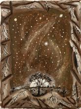 Painting of a tree in front of the full moon. 