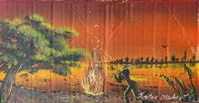 Painting of a person next to a campfire with a tree to the left. 