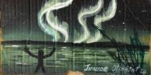 Painting of a landscape with four streaks of light in a wave-like motion. 