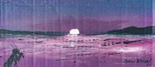 Painting of a purple landscape with the moon rising. 