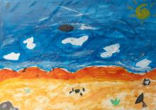 Painting of a landscape in the Karoo with clear blue skies. 