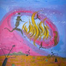 Painting of campfire in the sky with figures dancing around it, below are three telescope dishes pointing towards it. 