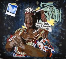 Portrait painting of Dr Katrina Esau surrounded by a polaroid image of a telescope dish, a meerkat and a partial inscription: “living link... and a language... are losing"