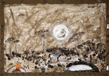 Composition of a landscape in the Karoo. From left to right there is a campfire, bushes, an eland and pond. Above these elements there are quiver trees and the moon against a brown background. 