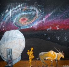 A woman with her newborn baby on her back and an Eland ahead of her. To her left is a telescope dish. A swirling night sky is above her.
