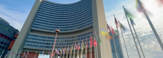 The UN building in Vienna seen from the outside, as flags fly in the foreground.