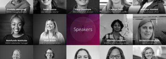 The image is a collage of black and white photos of the 14 speakers of the SKAO day and their professions. All are women and are smiling at the camera.