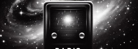 Image of a radio in front of a spiral galaxy titled "radio cosmos".